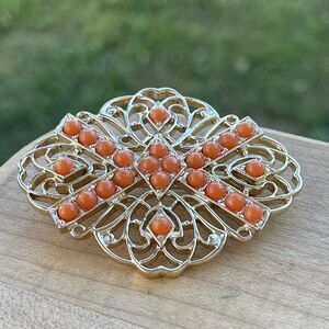 Vintage Gold Tone Brooch Pin Mesh Lucite‎ Stones Coral Peachy Fashion Jewelry
